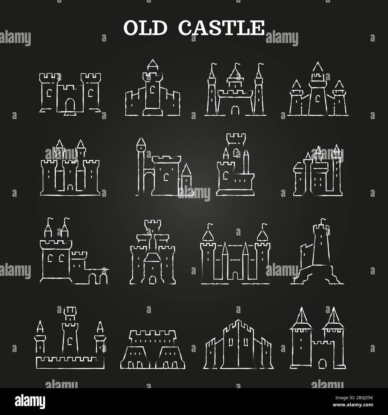 Castelli medievali in gesso bianco adagiato su lavagna isolata. Illustrazione vettoriale Illustrazione Vettoriale