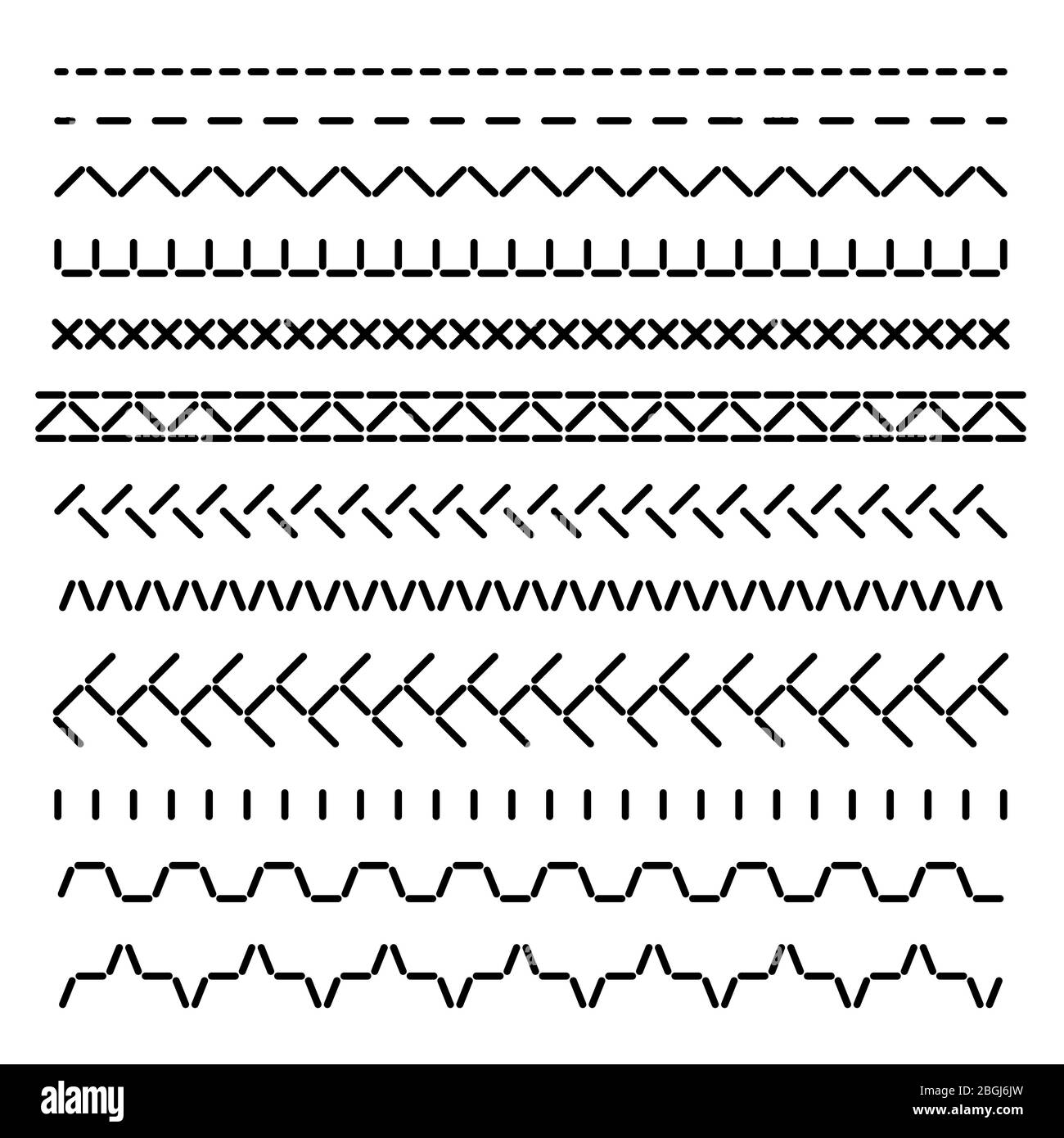 Cuciture bordature senza cuciture, cuciture per macchine cuciture per strutture di tessuti, serie vettoriale isolata. Illustrazione del punto del filo da cucire, bordo del motivo di abbellimento Illustrazione Vettoriale