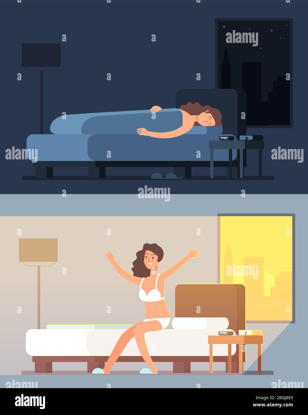 Donna che dorme e sogna a letto di notte e si svegliano al mattino Cartoon concetto vettoriale. Illustrazione del sogno del carattere e sveglio in camera da letto Illustrazione Vettoriale