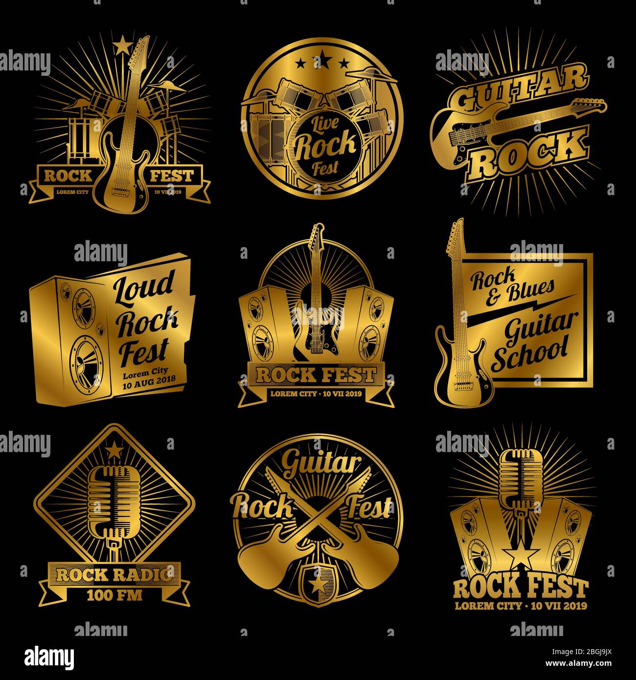Golden rock and roll music vettoriale etichette su sfondo nero od set isolato su bianco Illustrazione Vettoriale