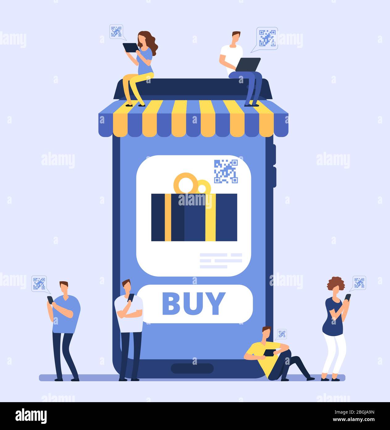 Persone che utilizzano lo smartphone per lo shopping mobile. Uomini donne acquistare beni in internet store con cellulare e app di banca. Vector Concept negozio online, e-commerce acquisto al dettaglio illustrazione Illustrazione Vettoriale
