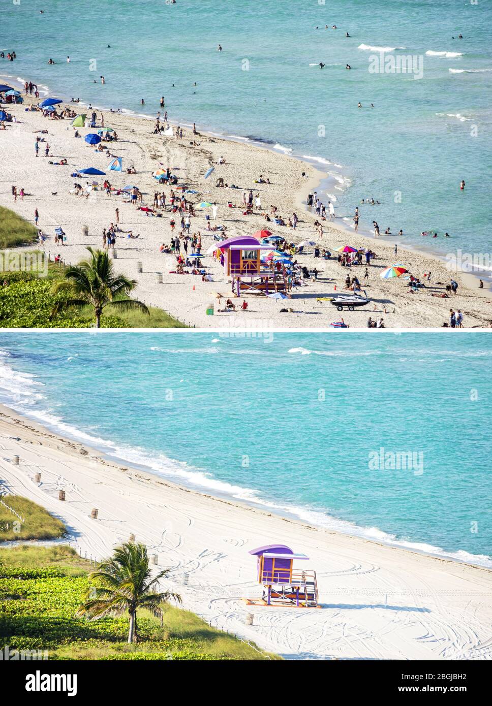 Miami Beach Florida, North Beach, Atlantic Ocean Water, solarium, spiagge pubbliche, sabbia, ombrelloni, spiaggia, stazione della torre del bagnino, affollata, Miami BE Foto Stock
