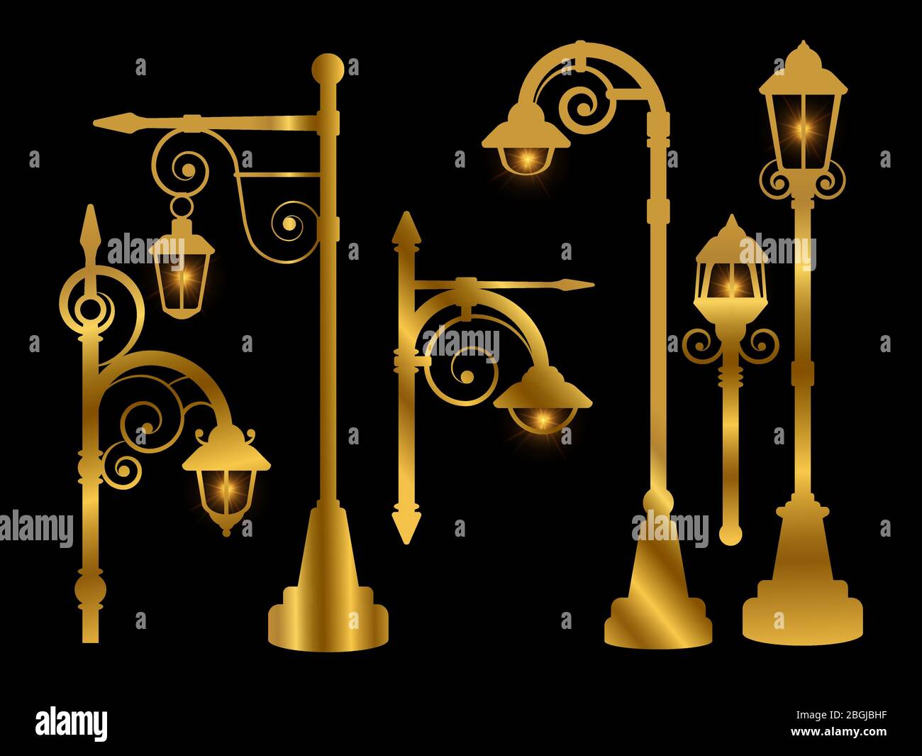 Luci stradali, luci da strada, linee dorate vettoriali con effetto lucentezza illustrazione Illustrazione Vettoriale