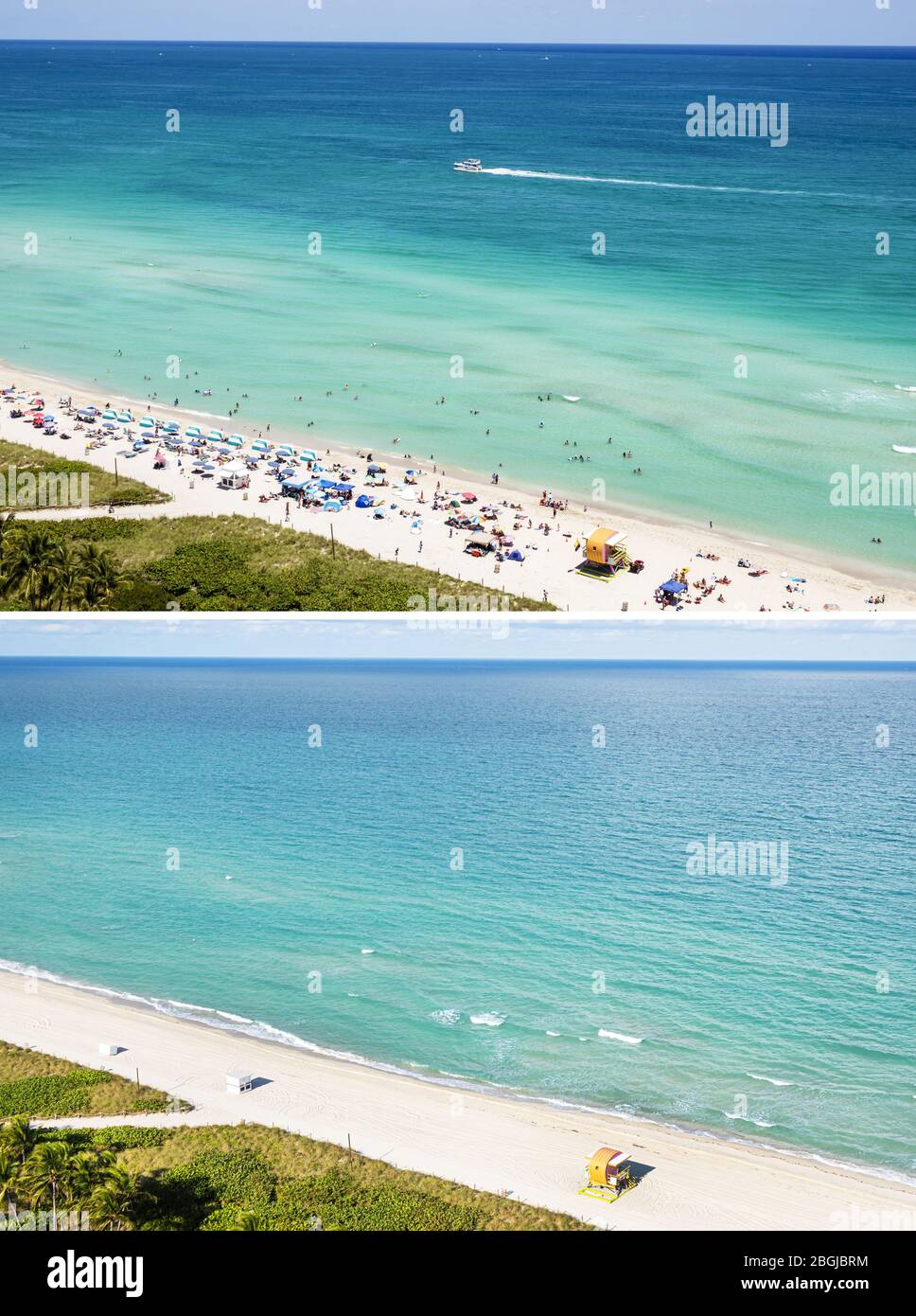 Miami Beach Florida,North Beach,Atlantic Ocean Water,solarium,spiagge pubbliche,sabbia,ombrelloni,orizzonte,vista dall'alto,acqua blu limpida,banca di sabbia,d Foto Stock