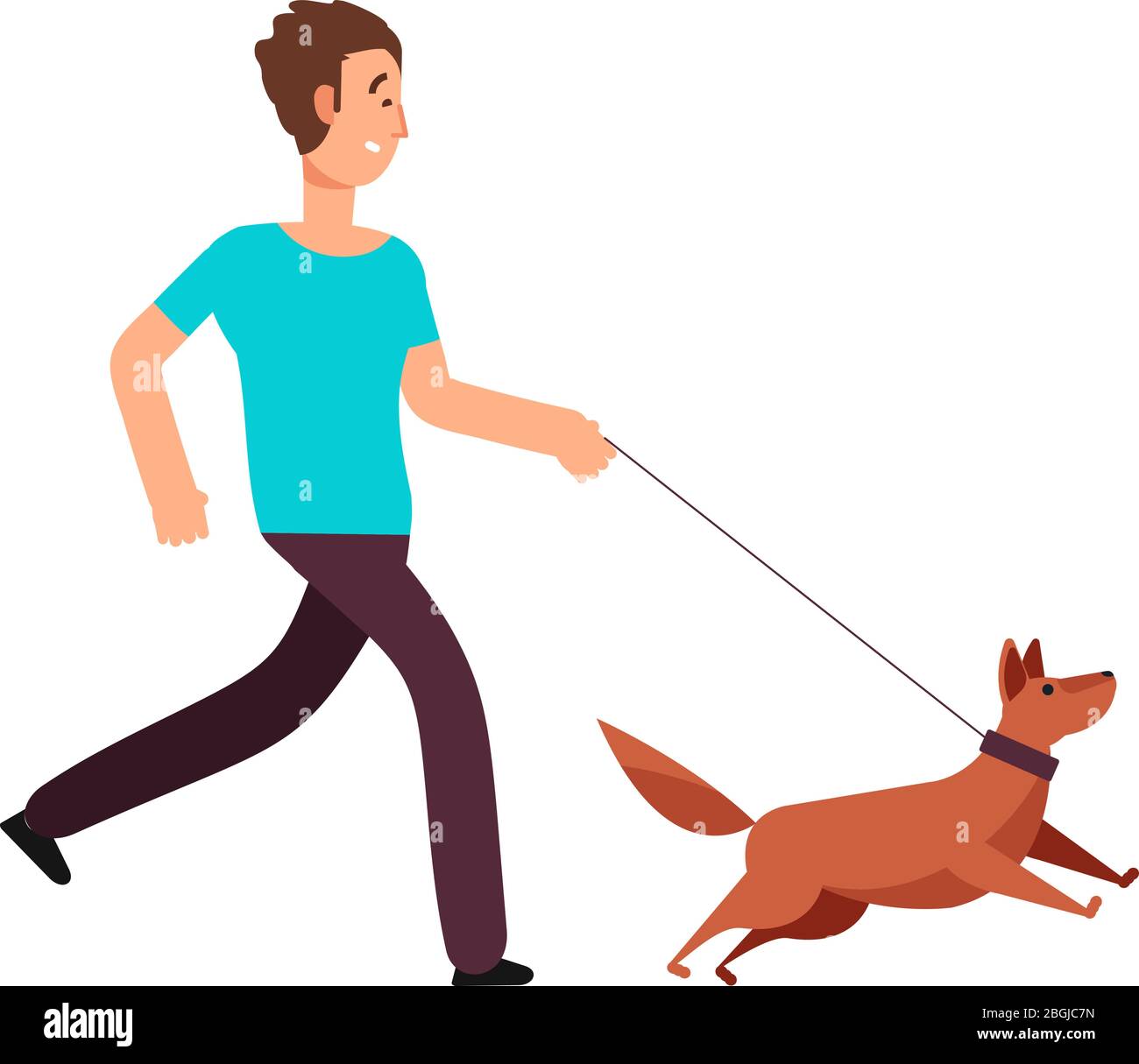 Uomo cartoon che corre con cane. Concetto di vettore di stile di vita sano. Personaggio di attività, atletica e jogging, sport d'azione esercizio illustrazione Illustrazione Vettoriale