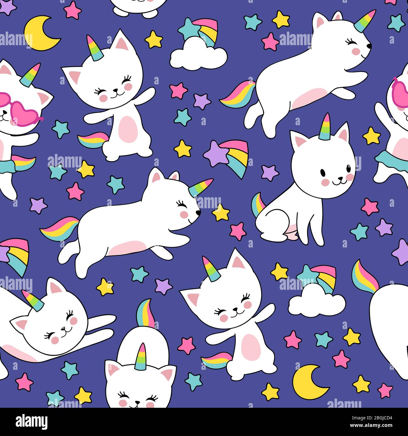 Cute gatti unicorn vettore motivo senza cuciture per bambini stampa tessile. Illustrazione di gattino cornuto comico e stella colorata Illustrazione Vettoriale