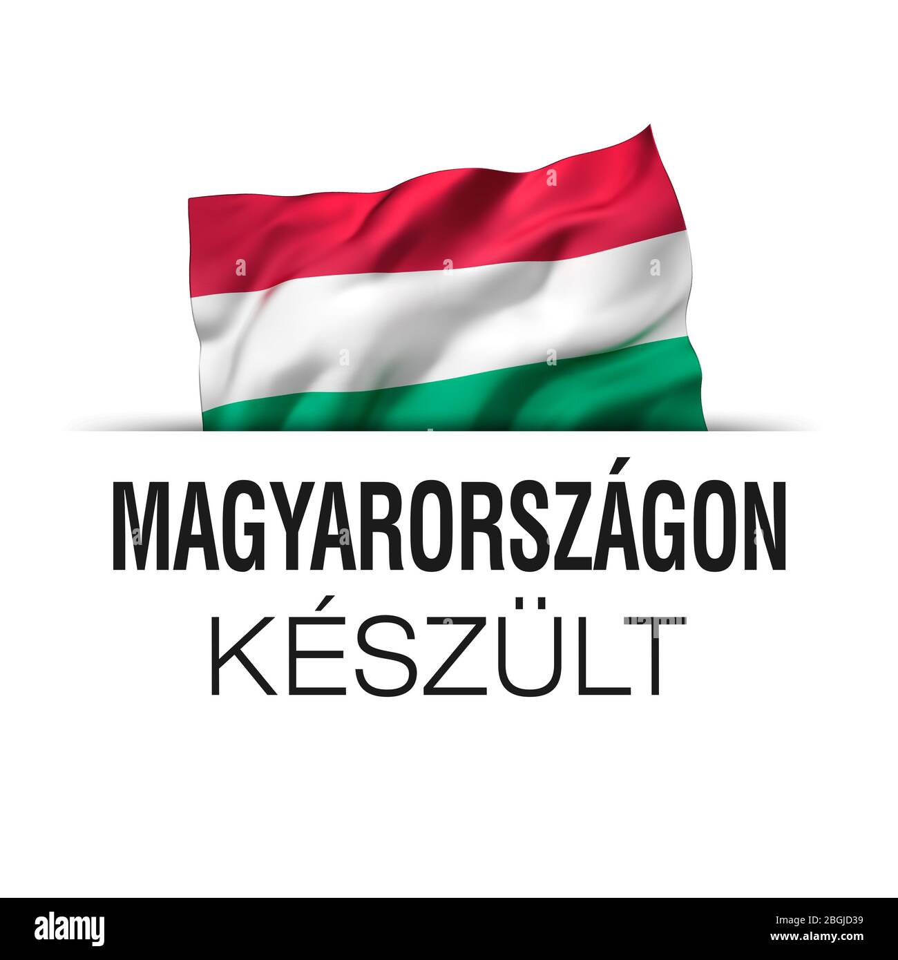 Prodotto in Ungheria scritto in lingua ungherese. Etichetta di garanzia con bandiera ungherese ondulata. Foto Stock