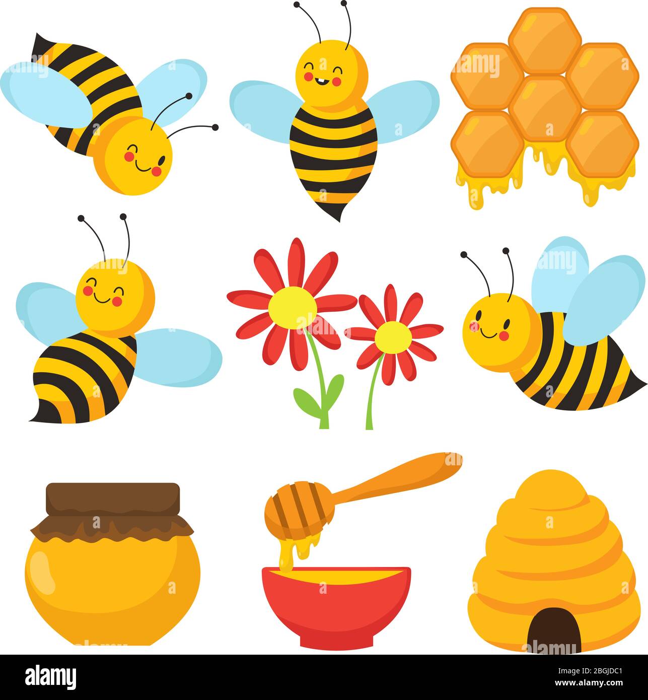 Ape cartoon. Belle api, fiori e miele. Set di caratteri vettoriali isolati. Illustrazione di insetto di ape e miele dolce Illustrazione Vettoriale