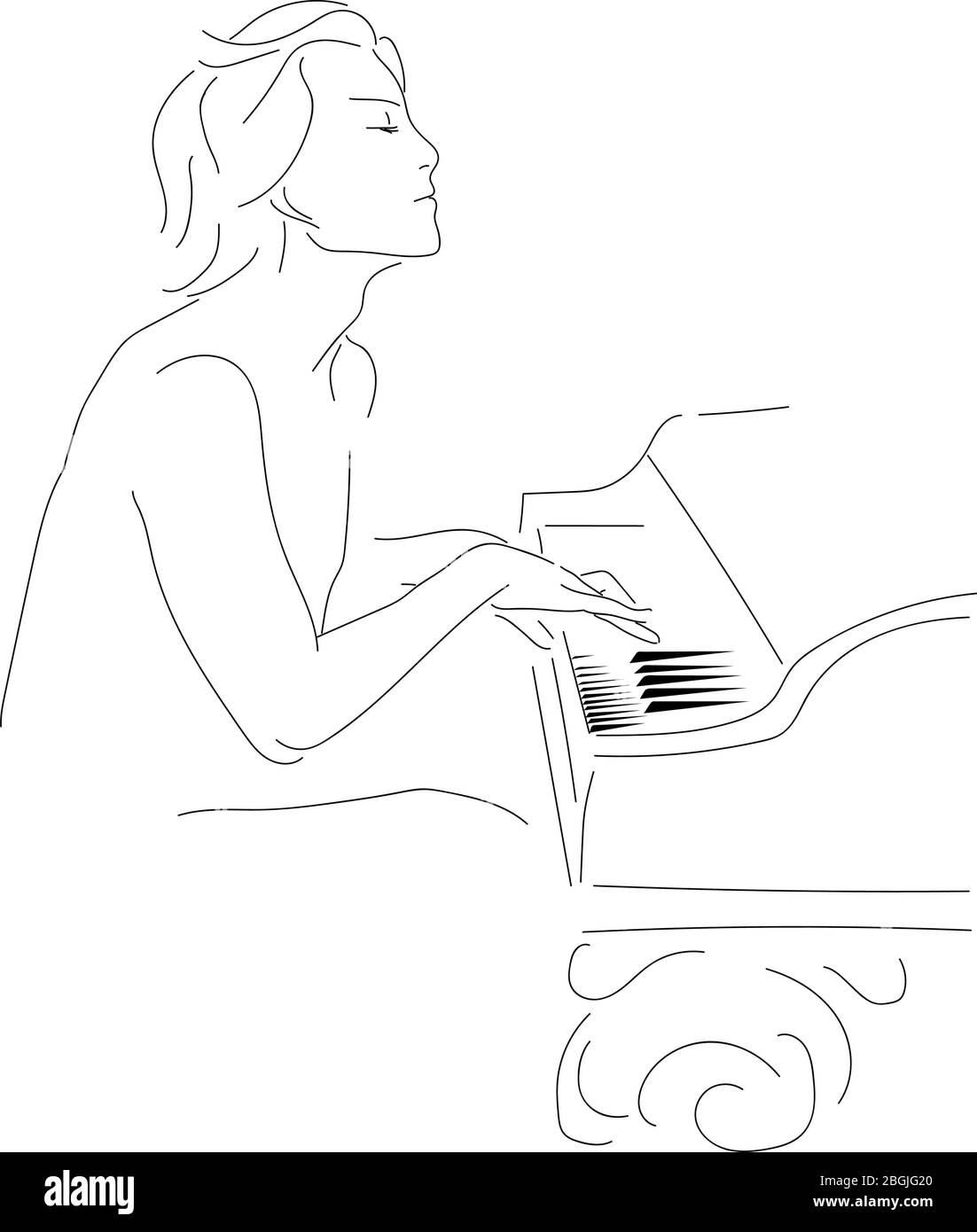 Una silhouette nera di un uomo che suona il pianoforte. Semplice illustrazione vettoriale di un uomo. Pianista elegante, poster, affissioni. Silhouette su bianco Illustrazione Vettoriale