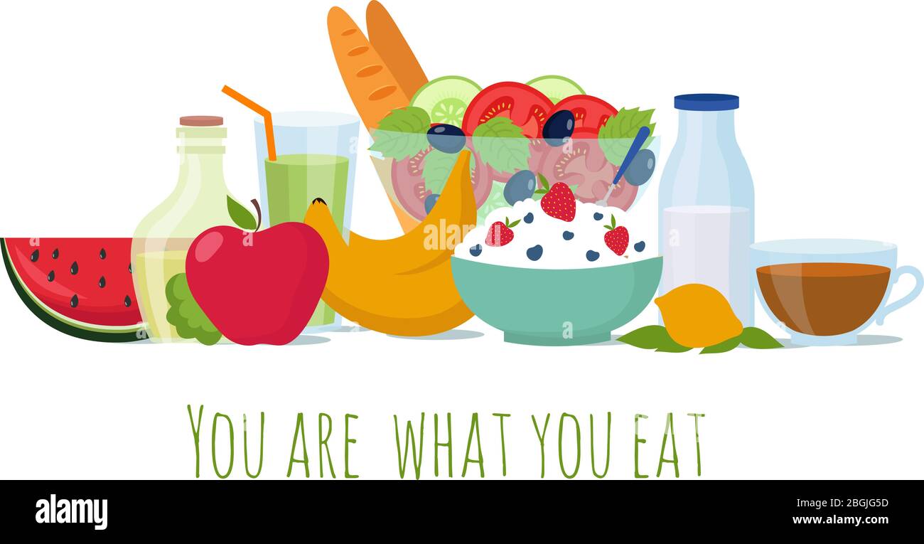 Cibo sano di dieta di equilibrio. Pasti migliori per lo sfondo vettoriale di vita. Illustrazione di alimentazione dieta sana, salute pranzo biologico Illustrazione Vettoriale