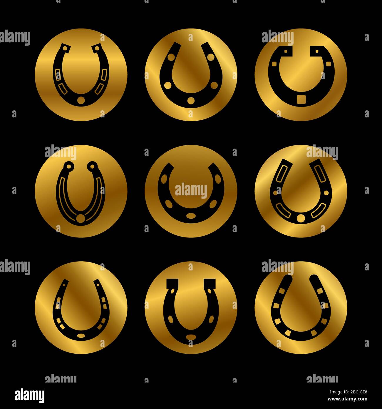 Icone vettoriali a ferro di cavallo nere su turni dorati del set. Illustrazione vettoriale Illustrazione Vettoriale