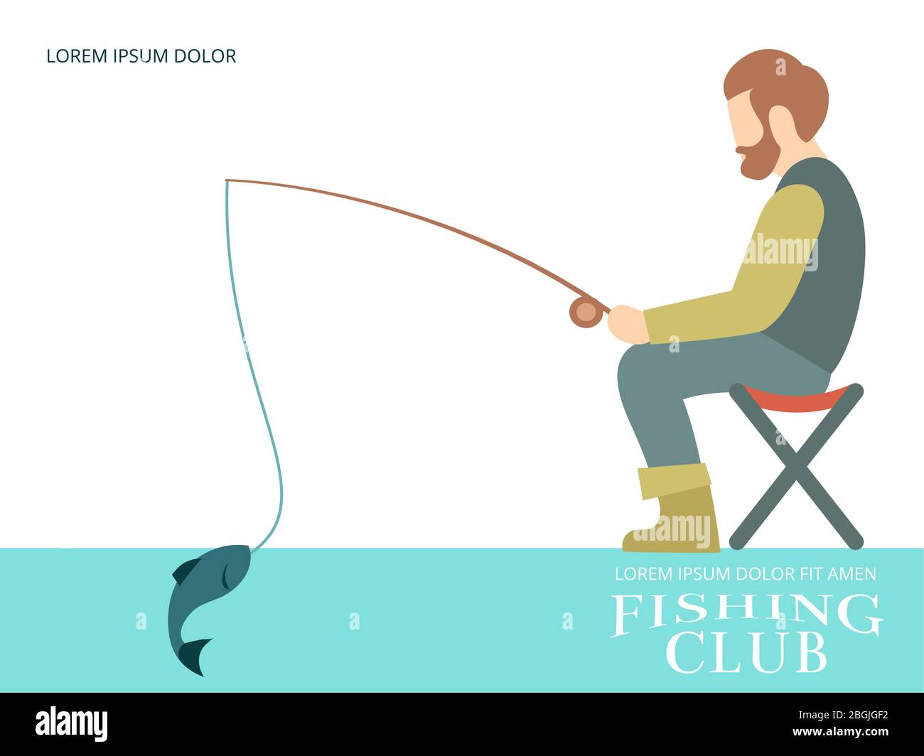 Pesca sfondo banner design con pescatore, pesce e attrezzature. Illustrazione vettoriale Illustrazione Vettoriale
