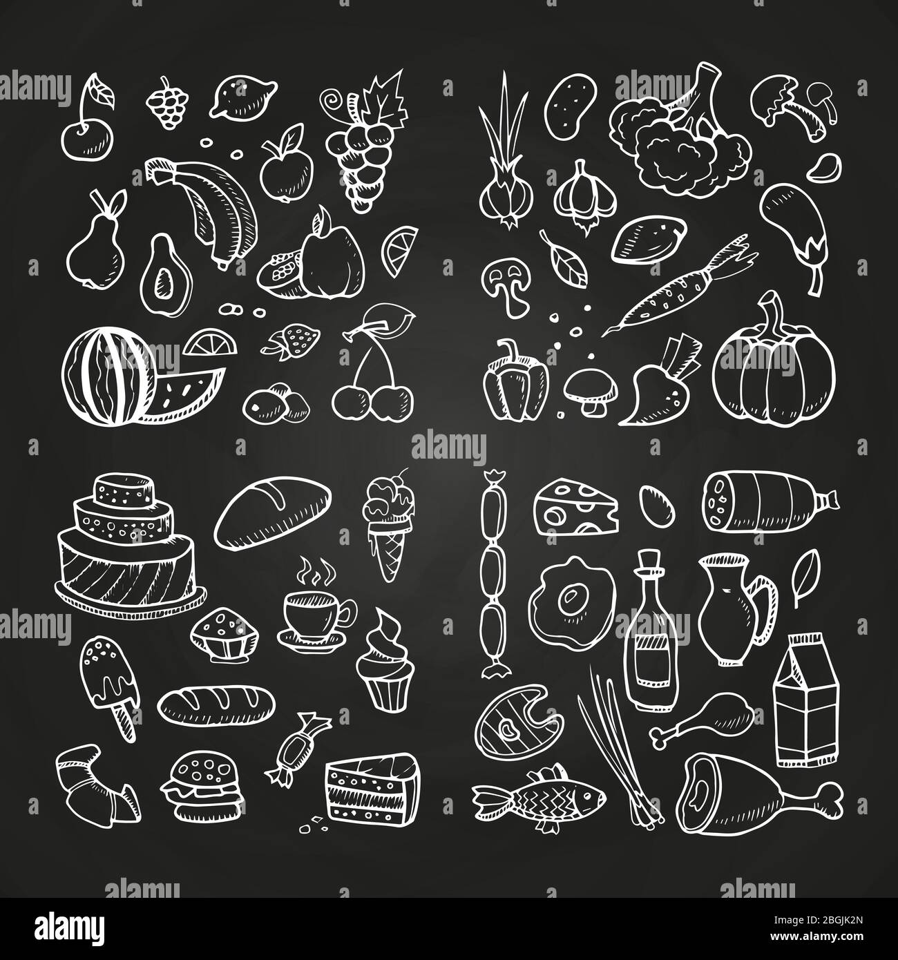 Mano disegnata healthty e fast food. Verdure, frutta, dessert, carne e prodotti del diario. Disegno vettoriale lavagna alimentare, torta e frutta, pesce e carne illustrazione Illustrazione Vettoriale