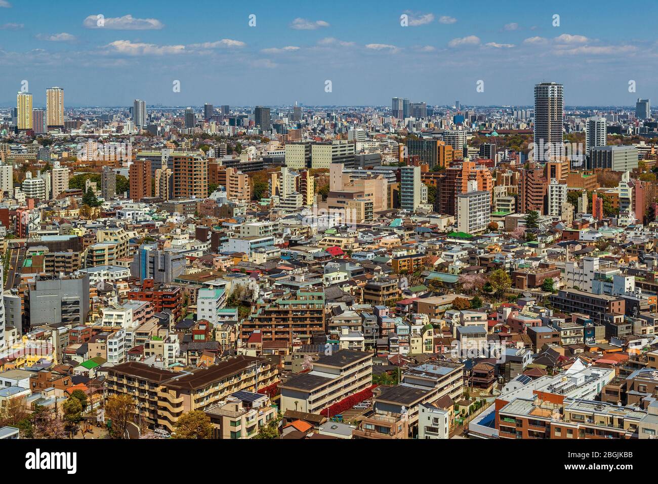 Tokyo, periferia senza fine, una parete di edifici in cemento vista dall'alto Foto Stock