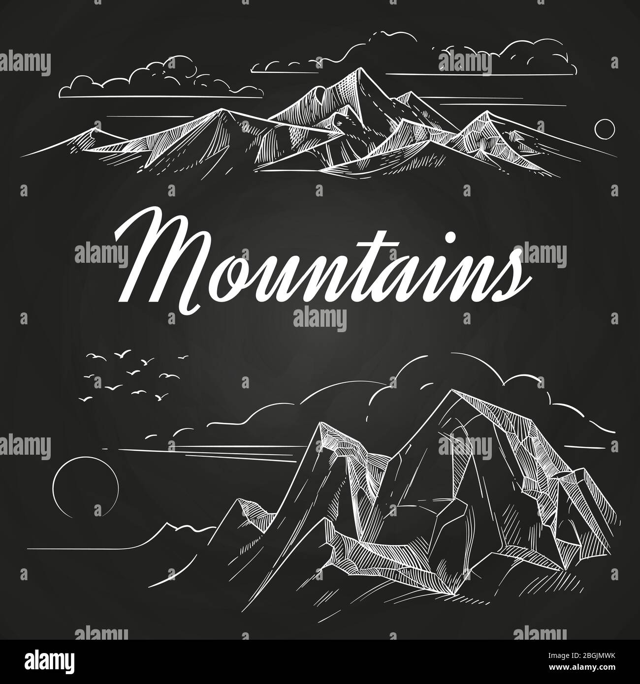 Mano disegnata montagne paesaggi natura isolata sulla lavagna. Illustrazione vettoriale Illustrazione Vettoriale