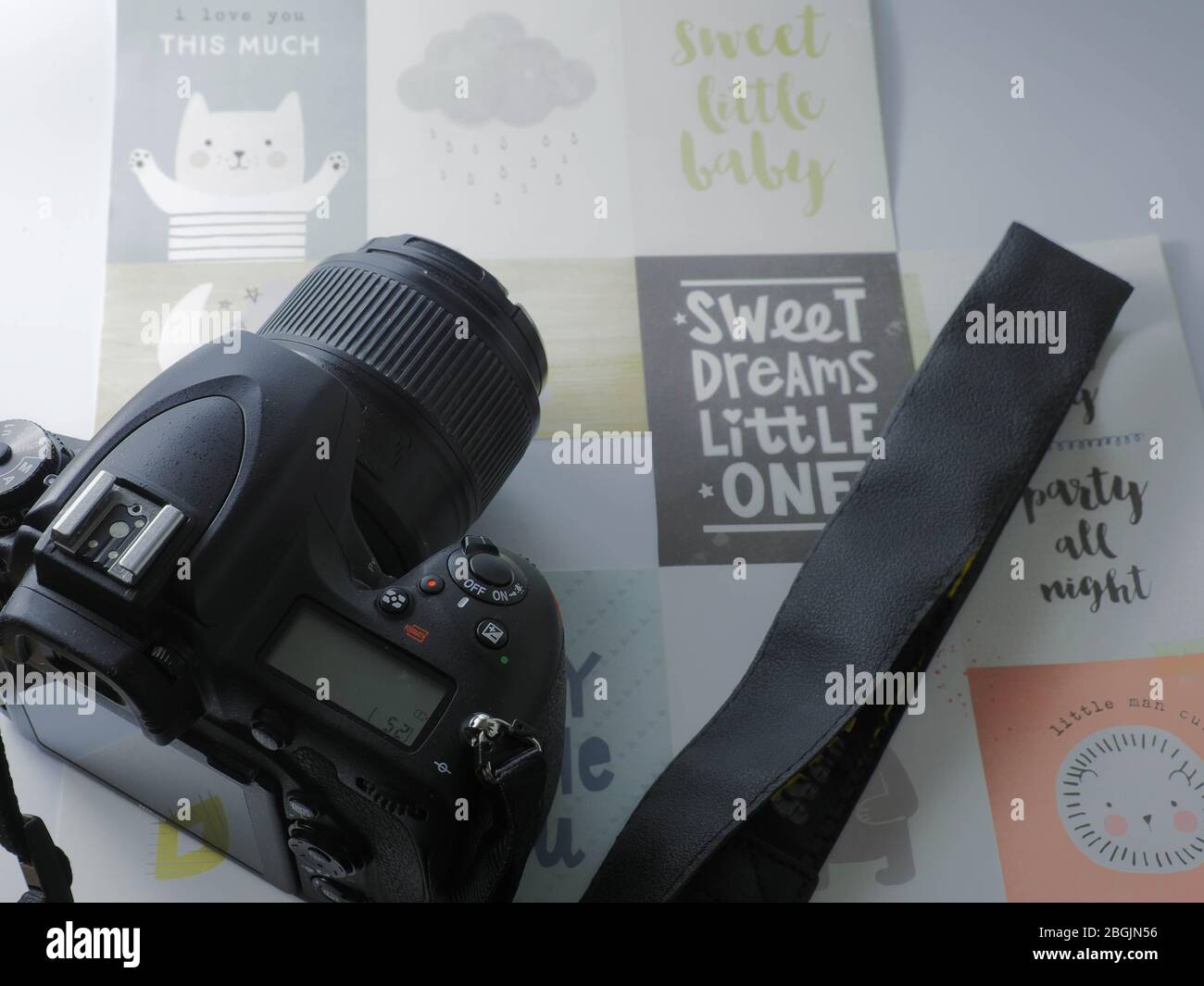 scrivania fotografo microstock a casa, con fotocamera e sfondi Foto Stock