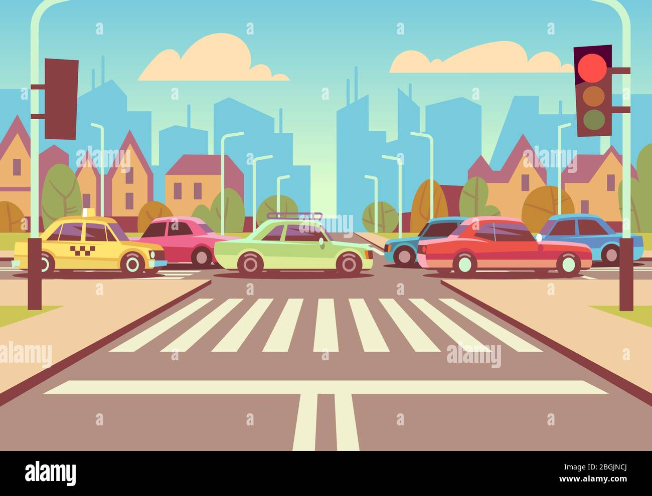 Cartoon città crocevia con auto in ingorgo, marciapiede, crosswalk e paesaggio urbano illustrazione vettoriale. Strada con auto sulla strada di intersezione Illustrazione Vettoriale