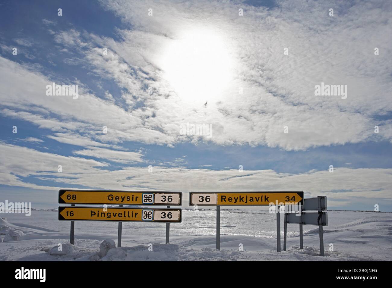 Indicazioni stradali in Islanda vicino a Thingvellir Foto Stock