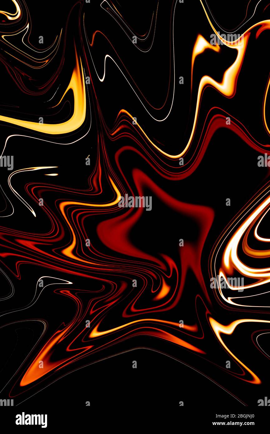 Sinuosa struttura di colori caldi. Forme astratte di colori brillanti su sfondo nero. Verniciatura diluita. Foto Stock