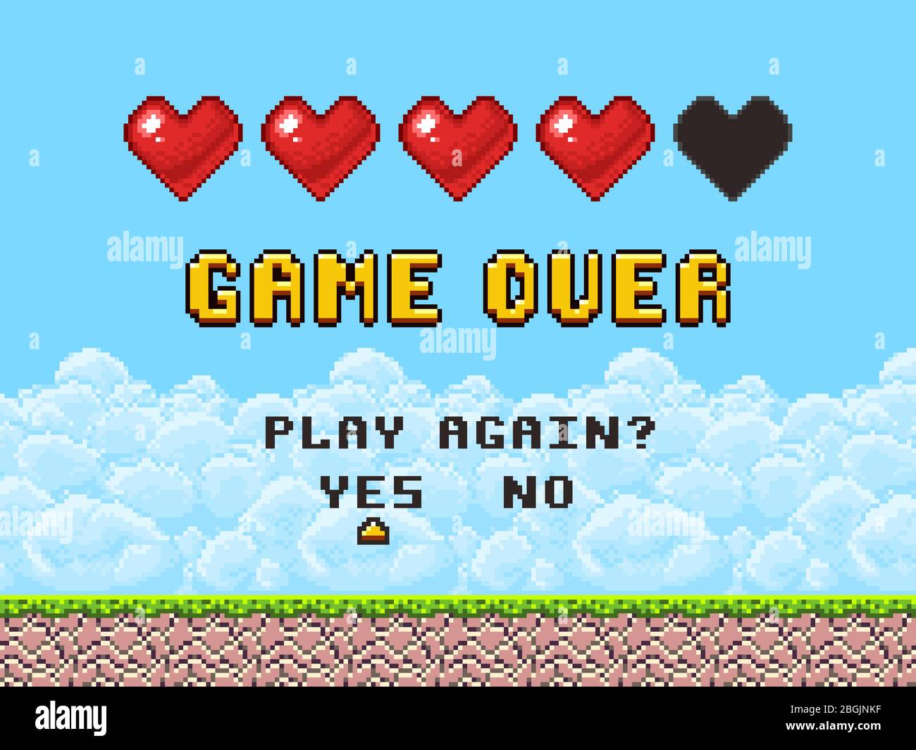 Gioco sopra pixel arte arcade gioco schermo di illustrazione vettoriale. Banner Arcade retro, pixel digitale a 8 bit Illustrazione Vettoriale