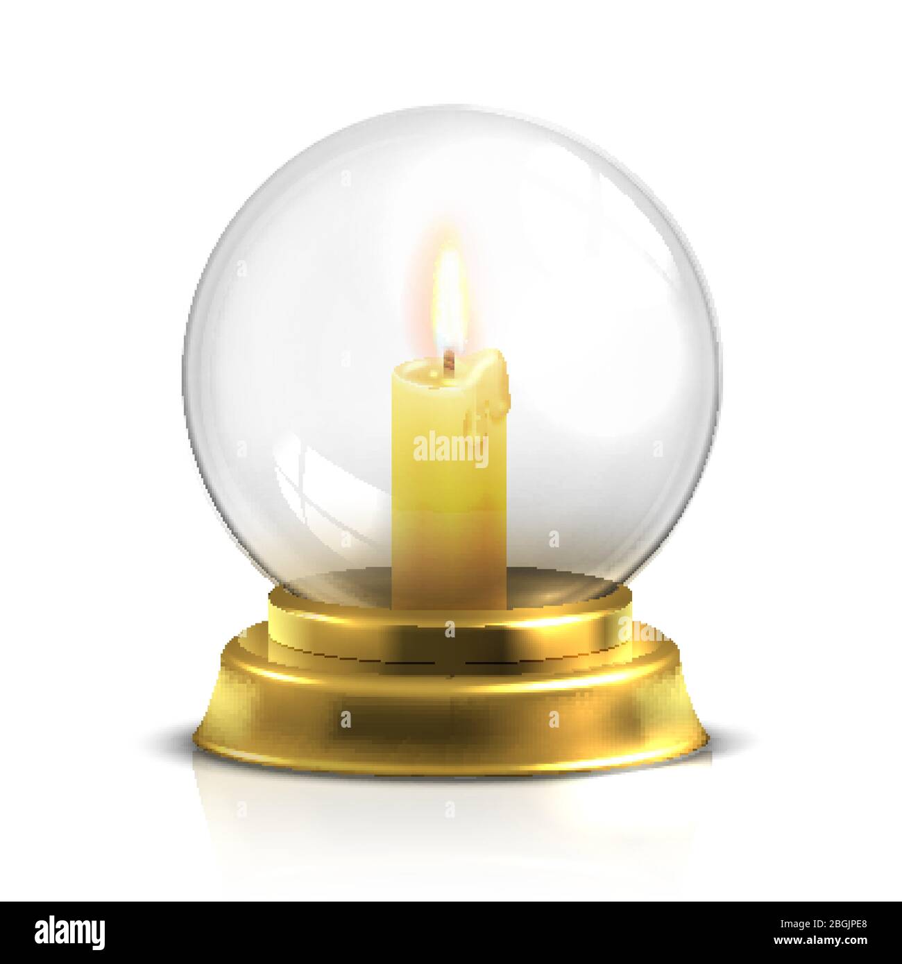 Sfera magica realistica con candela luce isolata su sfondo bianco. Sfera in vetro lucido trasparente, illustrazione vettoriale Illustrazione Vettoriale