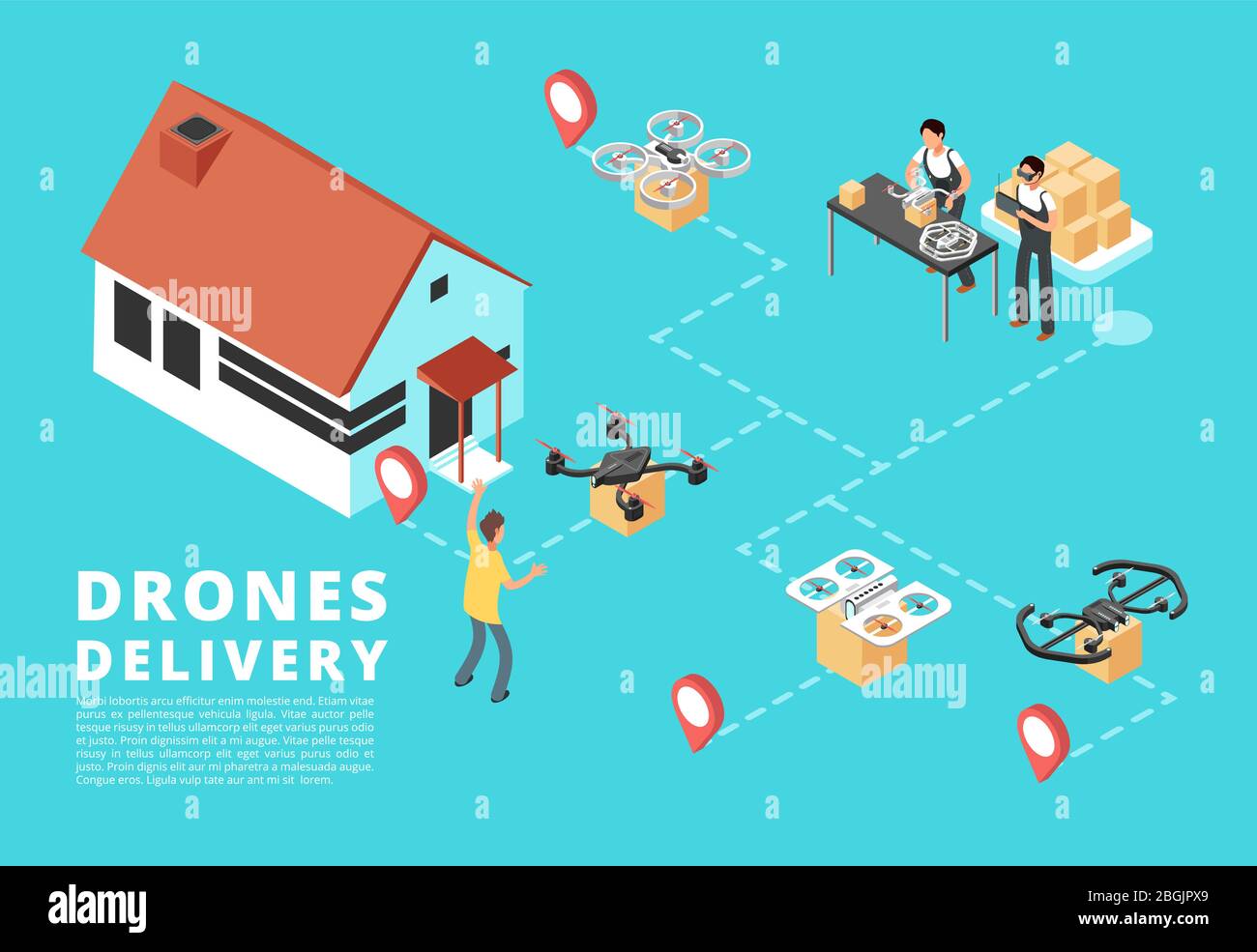 Persone con quadruplicatore che spediscono e ricevono merci. Concetto isometrico 3d vettore di servizio di consegna droni. Illustrazione del contenitore di consegna con tecnologia drone Illustrazione Vettoriale