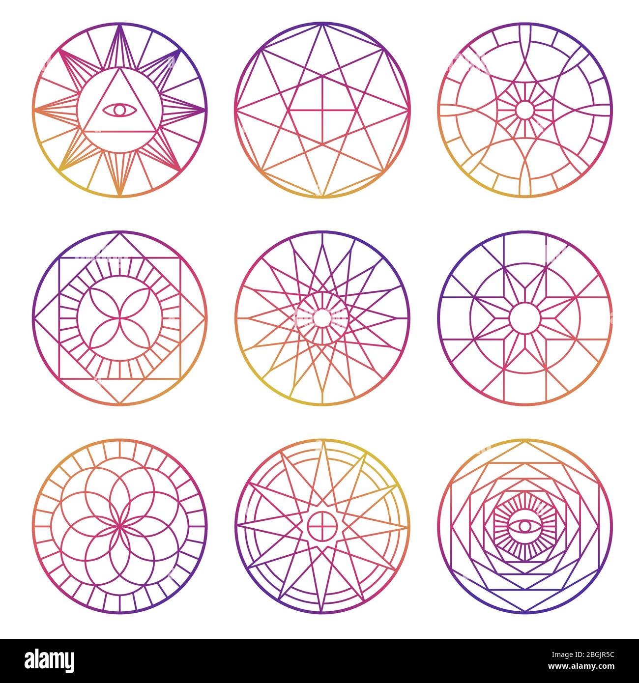 Set di pentagrammi geometrici esoterici colorati disegno vettoriale isolato Illustrazione Vettoriale