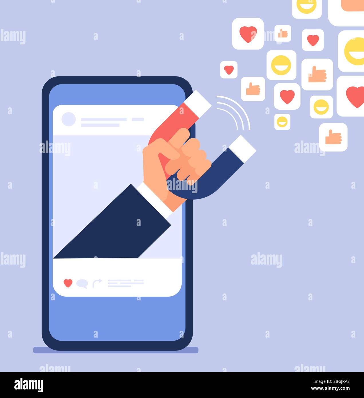 Marketing di influencer sociali. Blogger magnete di tenuta manuale trascina i clienti. Social media e concetto di vettore di blogging. Illustrazione del magnete del seguace sociale e dell'influencer Illustrazione Vettoriale