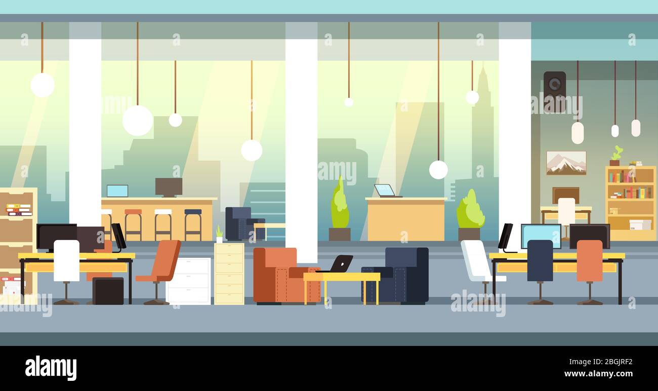 Interni della coworking. Spazio aperto vuoto ufficio, sfondo vettore area di lavoro. Area di lavoro e centro lavoro, illustrazione dei colleghi dello spazio business Illustrazione Vettoriale