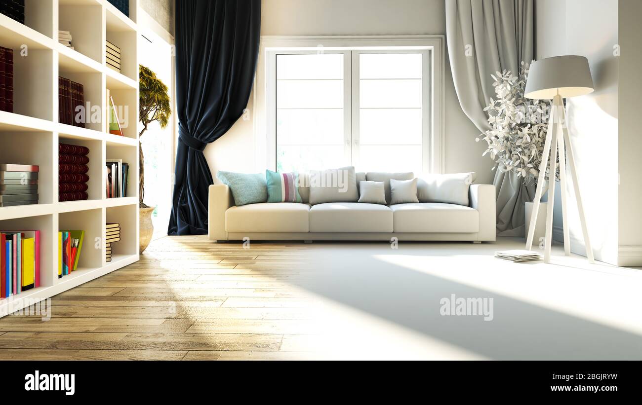 Design degli interni del soggiorno o della sala con seduta e libreria,  rendering realistico monocromatico e 3D con transizione dei colori Foto  stock - Alamy