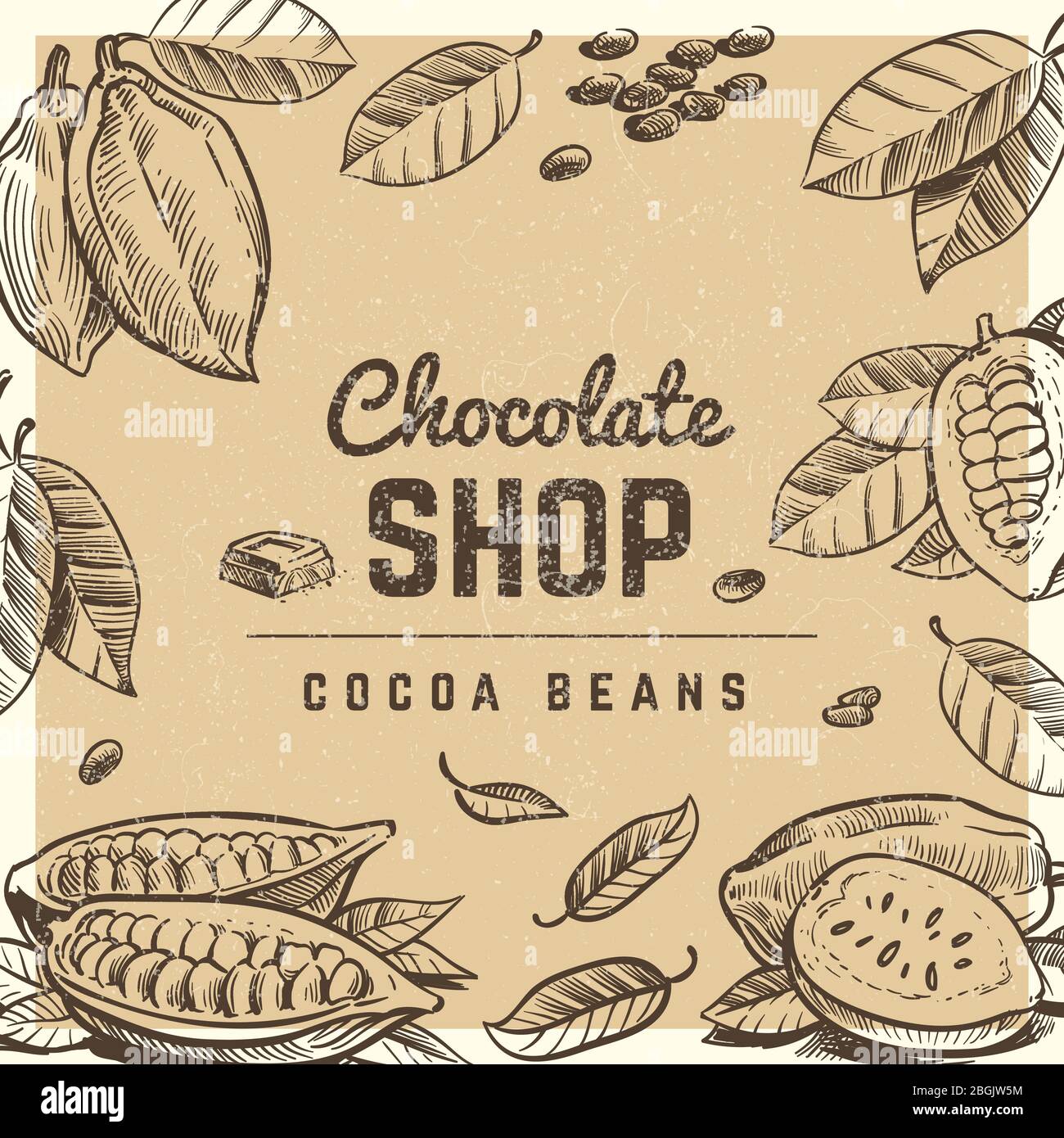 Poster vintage e banner per negozio di cioccolato con grafica al cioccolato e vettore di illustrazione delle fave di cacao Illustrazione Vettoriale