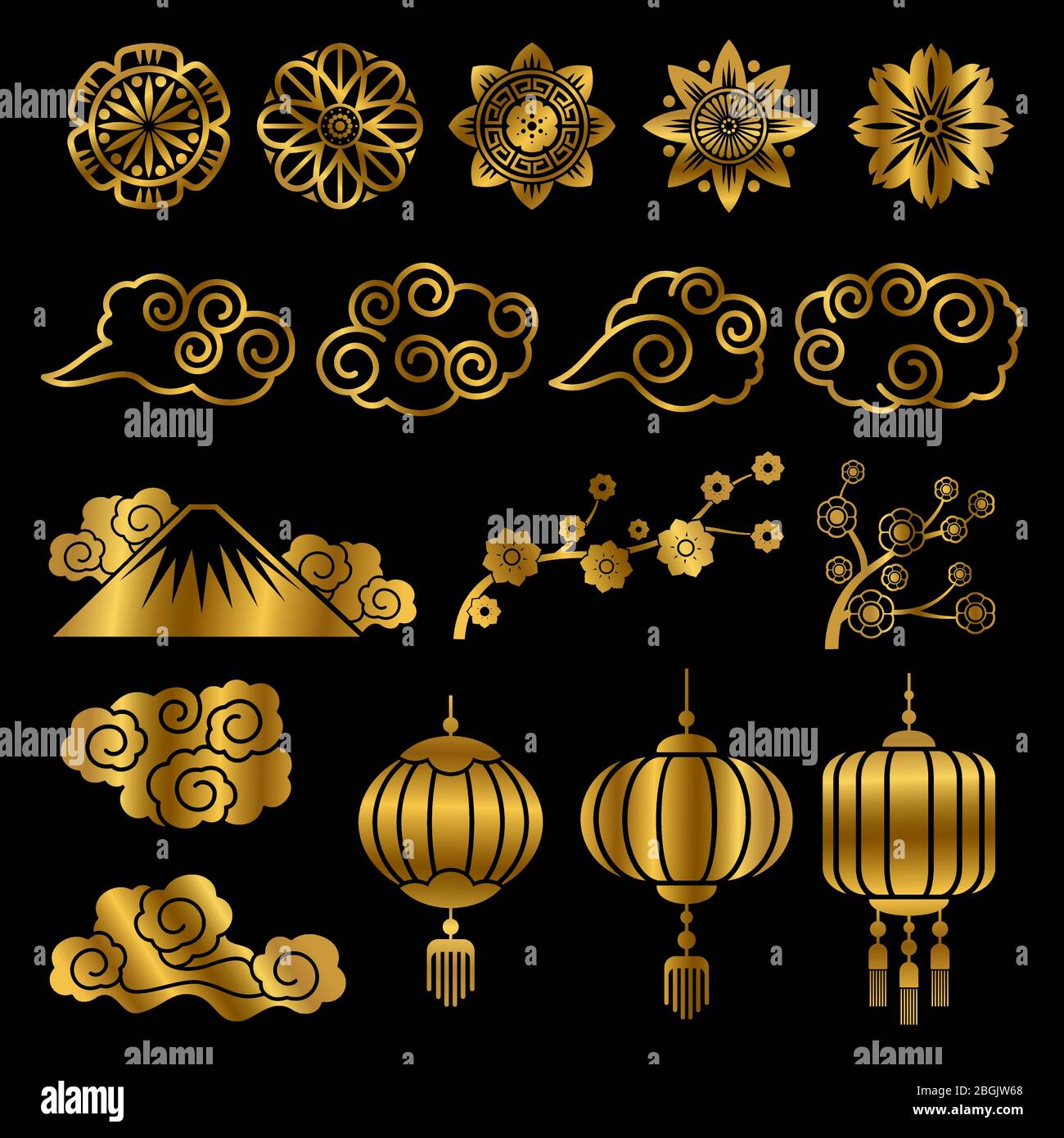 Elementi decorativi vettoriali motivo giapponese e asiatico d'oro isolati su sfondo nero Illustrazione Vettoriale