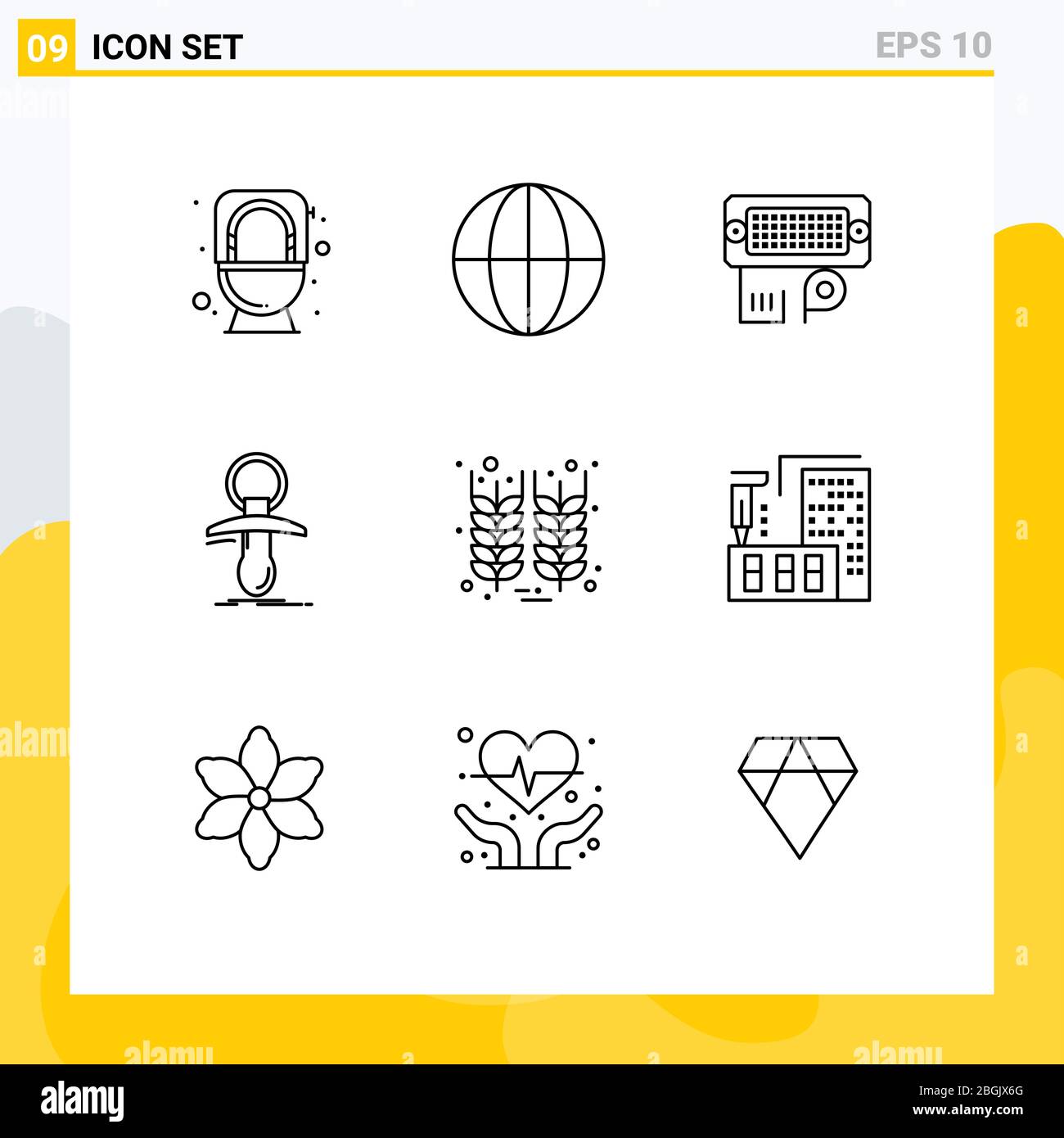 Set moderno di 9 contorni e simboli come grana, noob, connessione, nipplo, elementi di progettazione vettoriale fittizi Illustrazione Vettoriale