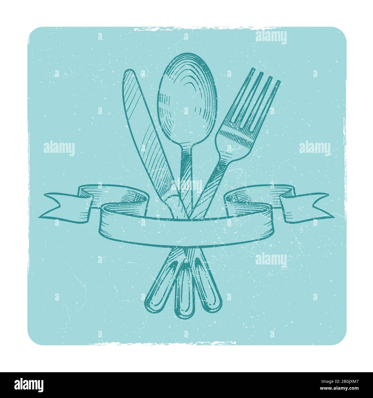 Coltello, cucchiaio e forchetta trafilati a mano in nastri retro banner isolano su bianco. Illustrazione vettoriale Illustrazione Vettoriale