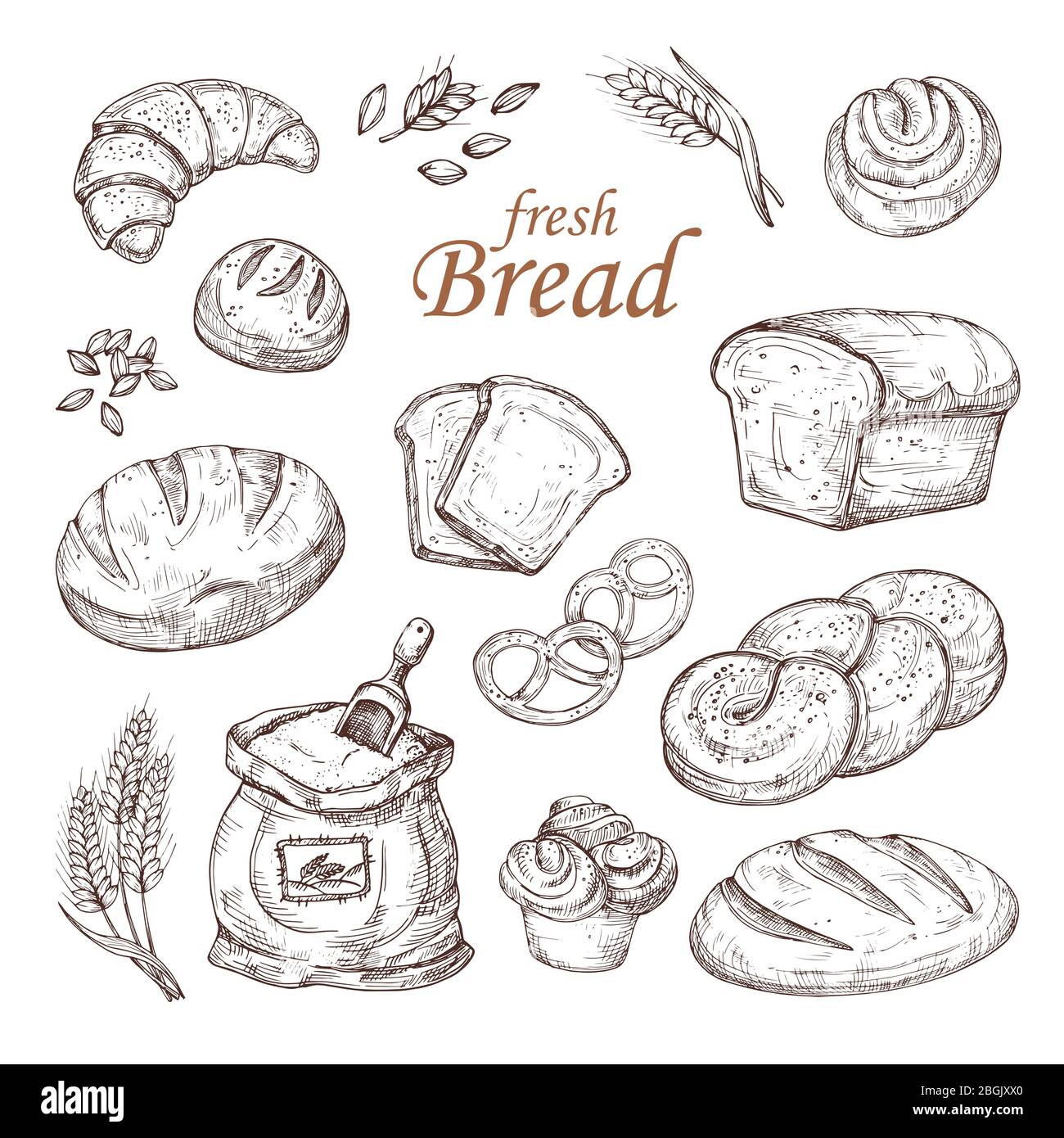 Abbozzare pane, prodotti da forno disegnati a mano vettore set isolato su sfondo bianco. Disegno di panetteria di pane di schizzo, disegno fresco di panino Illustrazione Vettoriale