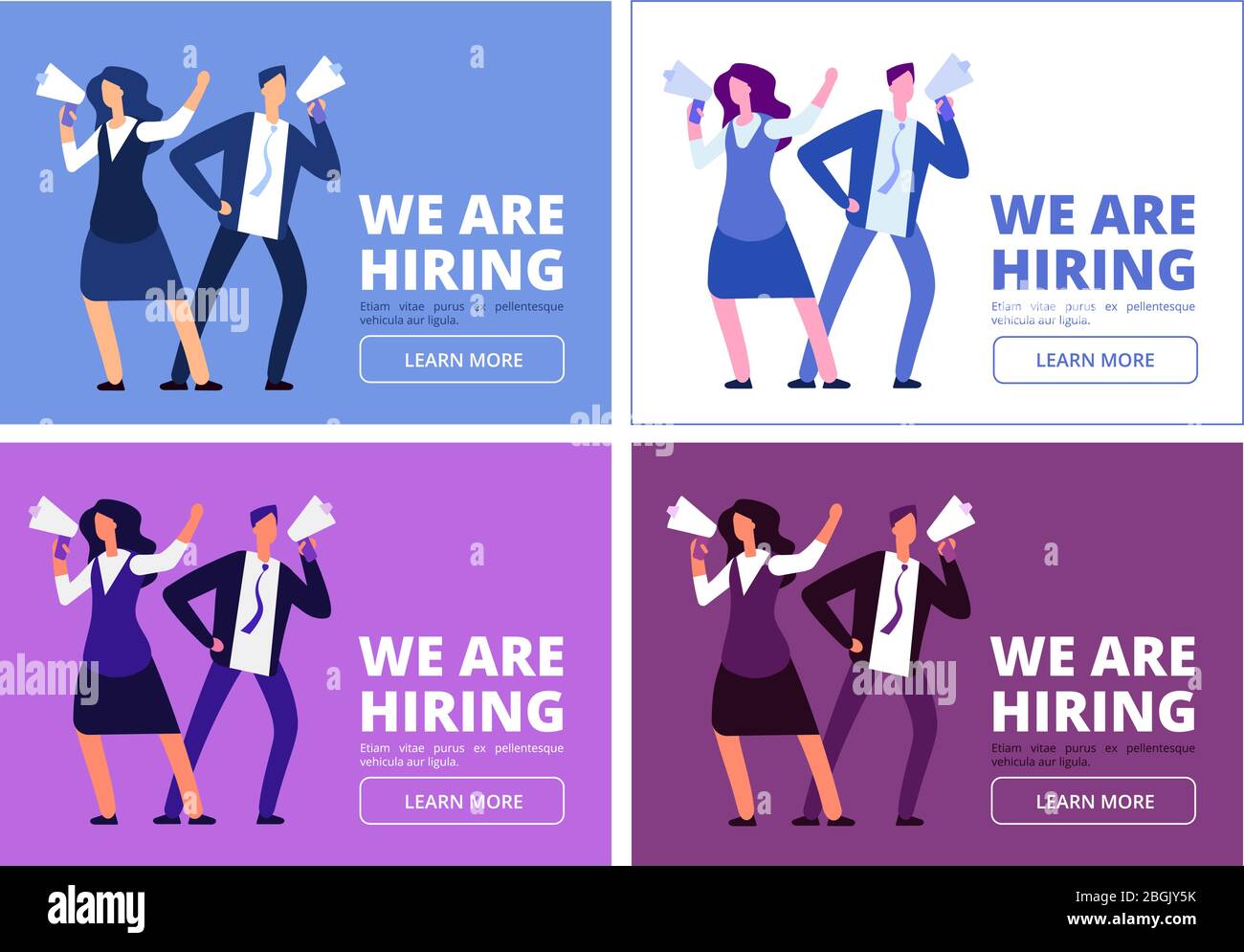 Stiamo assumendo concetto. Uomo e donna con megaphone che gridano per intervista. Background del vettore di reclutamento aziendale. Assunzione umano, hr e intervista illustrazione Illustrazione Vettoriale