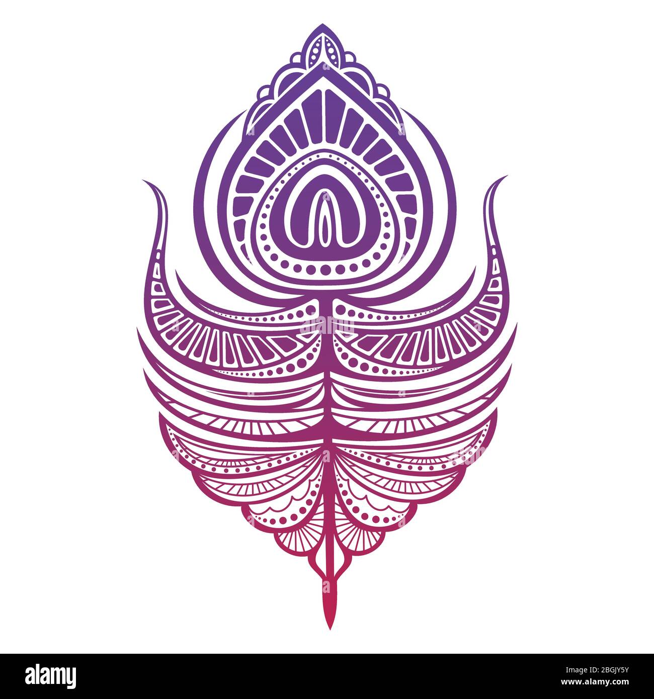 Illustrazione vettoriale di piume di stile asiatico. Piuma di pavone colorata per logo, design, stampa, colorazione Illustrazione Vettoriale