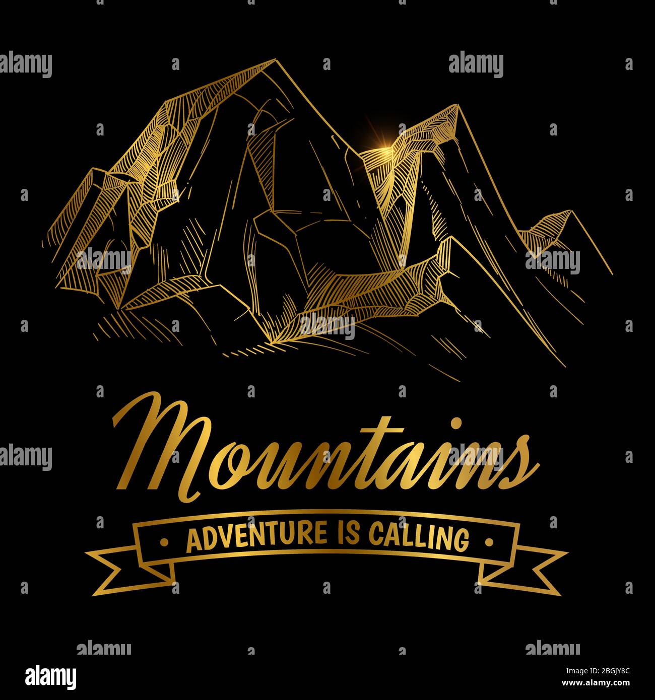 Golden montagne avventure emblema design. Mano disegno paesaggio montagna illustrazione vettoriale isolato su nero Illustrazione Vettoriale