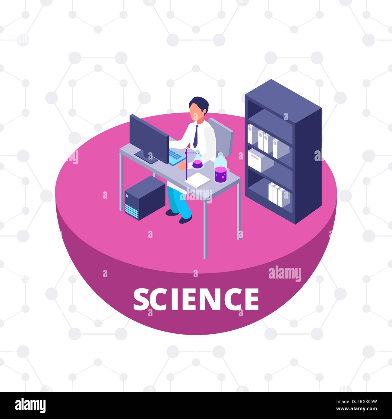 Laboratorio di ricerca isometrica 3d Science con attrezzature da laboratorio e illustrazione vettoriale di scienziati Illustrazione Vettoriale