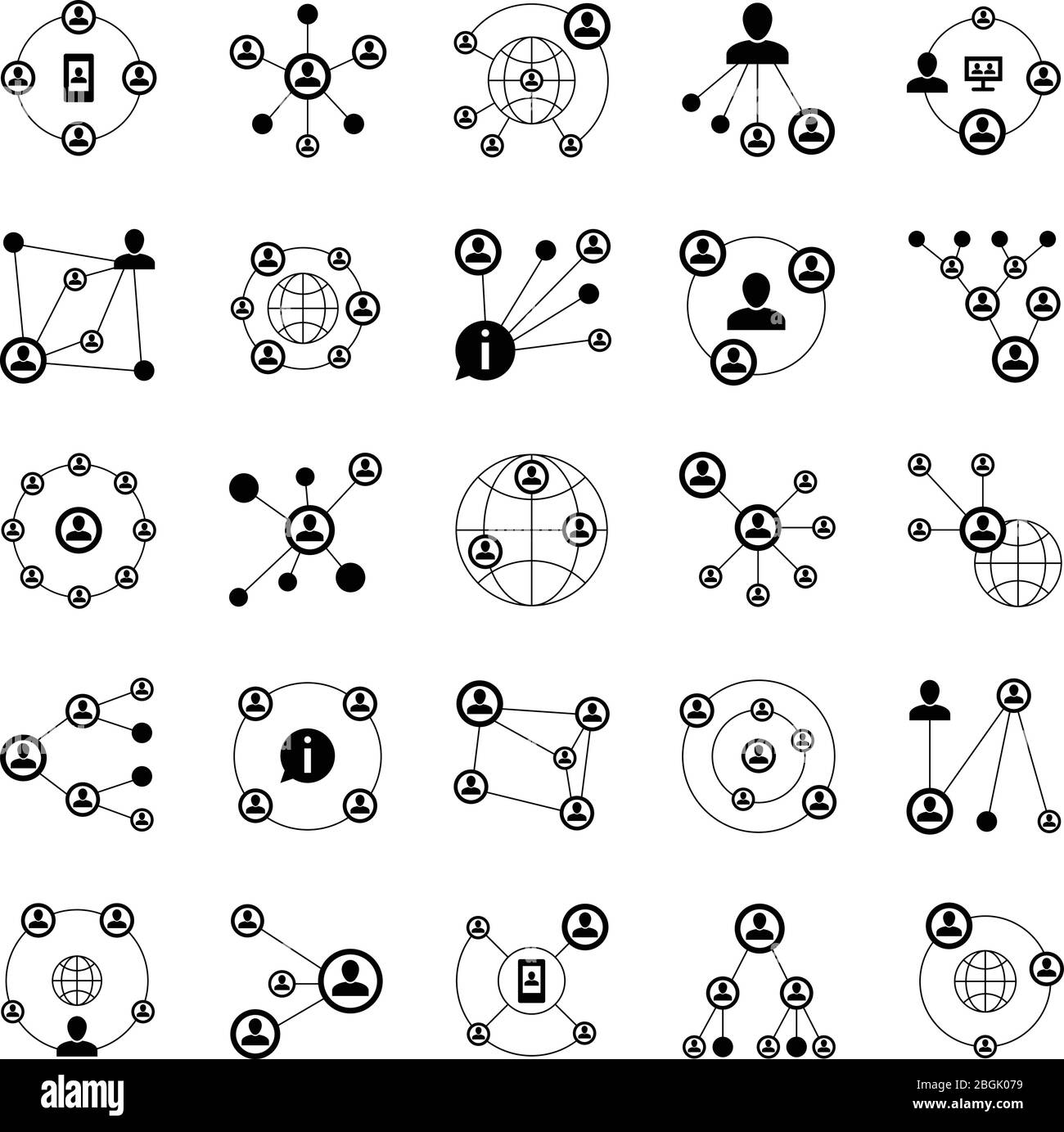 Comunicazioni social network per persone, icone di connessione di relazioni globali intranet. Amici di rete vettori simboli isolati. Illustrazione delle icone della rete aziendale e della comunità sociale Illustrazione Vettoriale