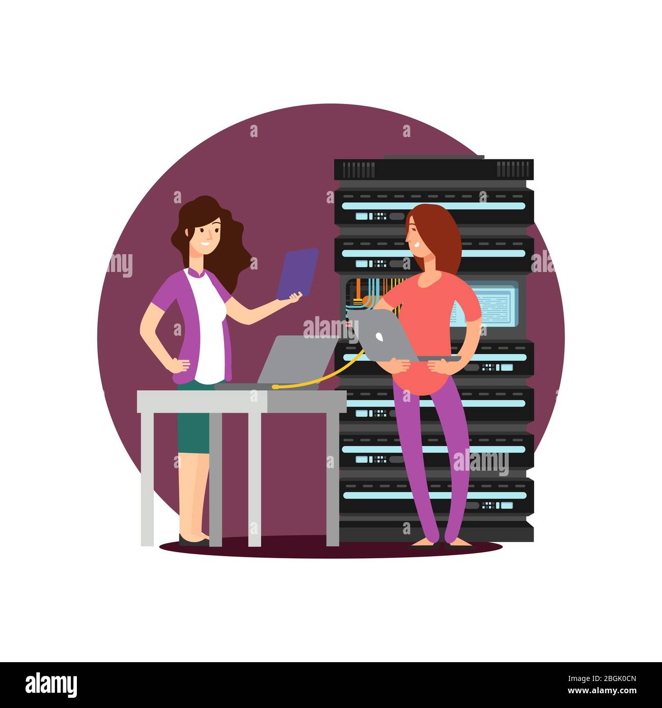 Ingegnere femminile, tecnico che lavora in sala server. Illustrazione vettoriale del supporto del centro del computer digitale Illustrazione Vettoriale