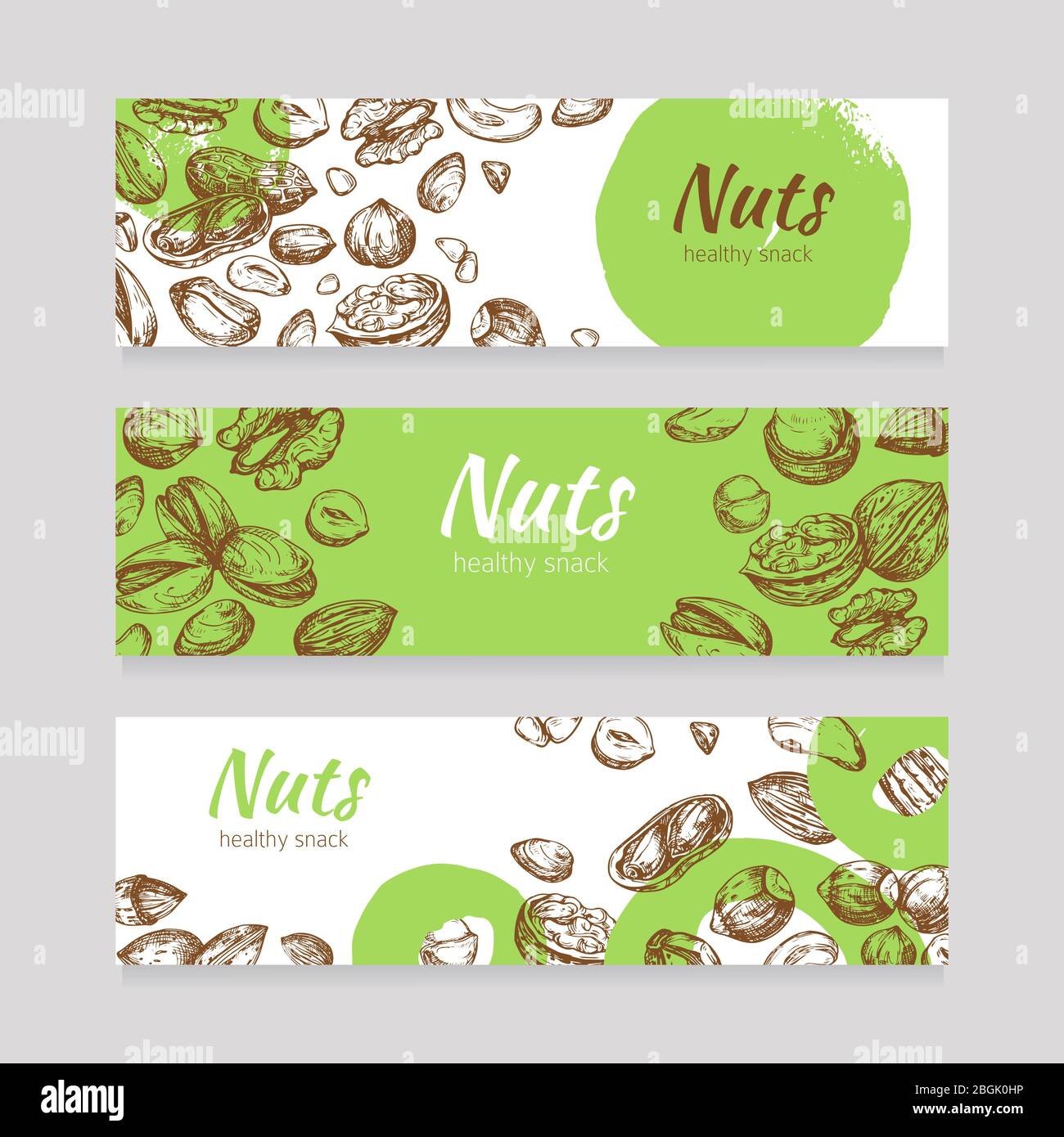 Mangiare noci e semi striscioni. Banner per alimenti sani in stile incisione. Poster con disegno noci vintage, illustrazione vettoriale Illustrazione Vettoriale