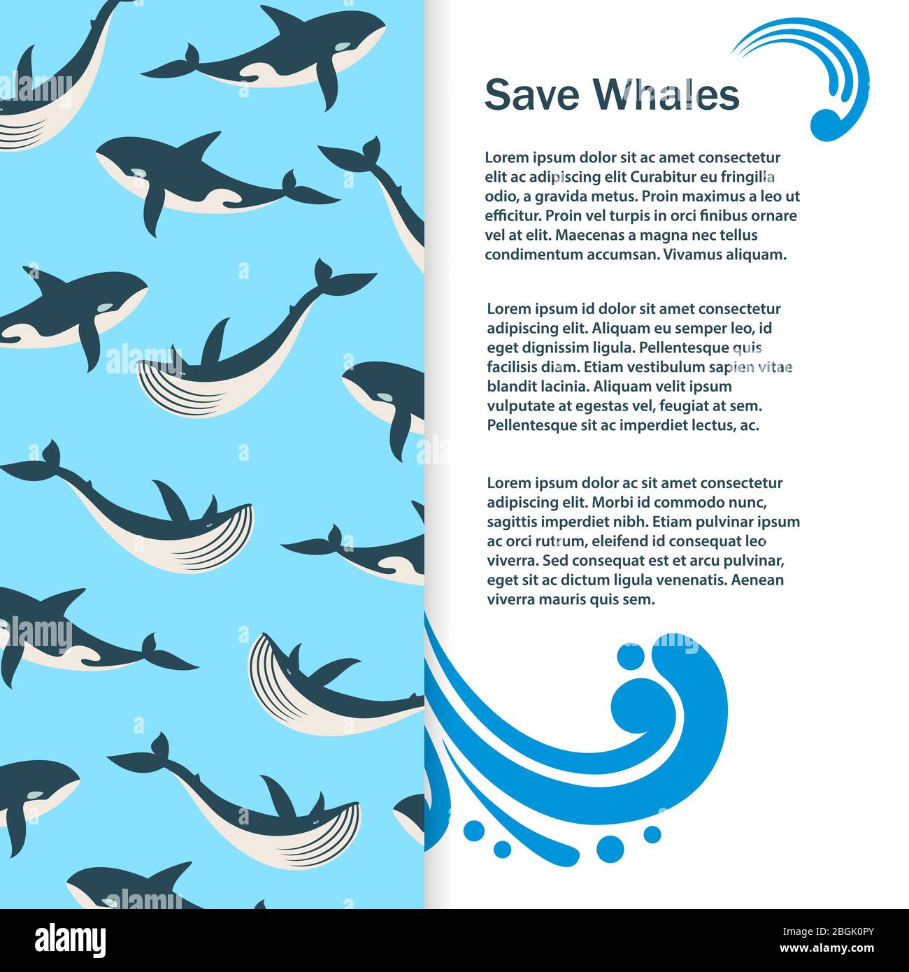 Salva il disegno vettoriale di bandiera delle balene. Illustrazione del modello del volantino Wild Whales Illustrazione Vettoriale