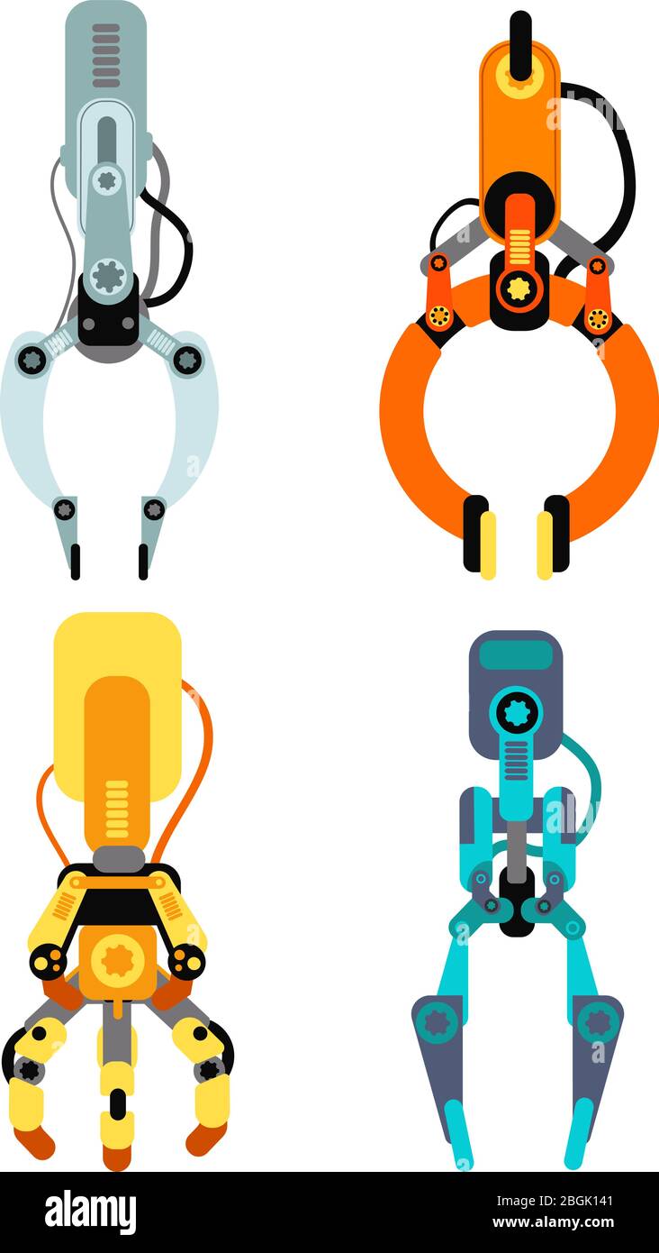 Artigli industriali per robot. Dispositivo di gioco con presa a gancio per il gioco a rischio isolato set di vettori. Macchina a pinza per industria meccanica, illustrazione di robot Illustrazione Vettoriale