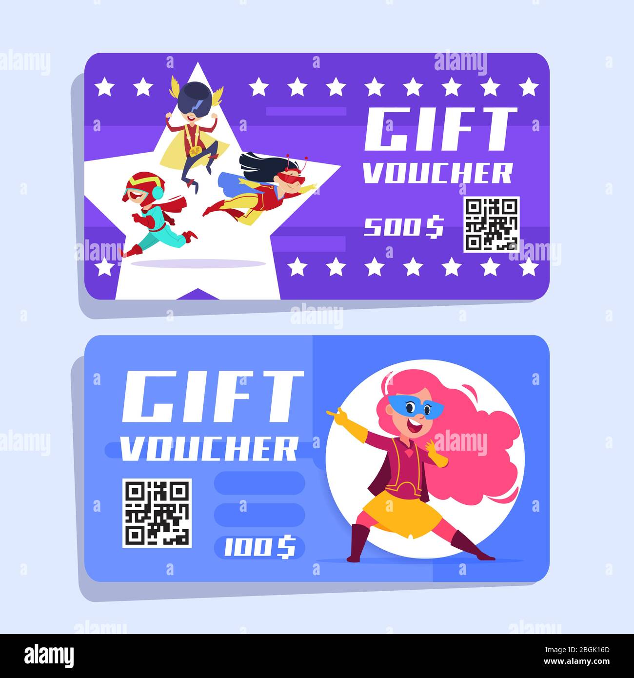 Voucher regalo per bambini super eroi. Supereroi bambini banner vettoriali.  Illustrazione del buono speciale regalo e del prezzo dell'offerta Immagine  e Vettoriale - Alamy