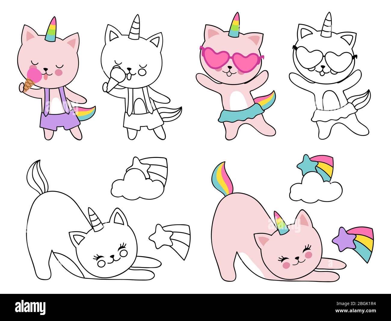 Cartoon personaggio gatti unicorn illustrazione vettoriale. Colorazione con contorni e gattini colorati isolati su bianco Illustrazione Vettoriale