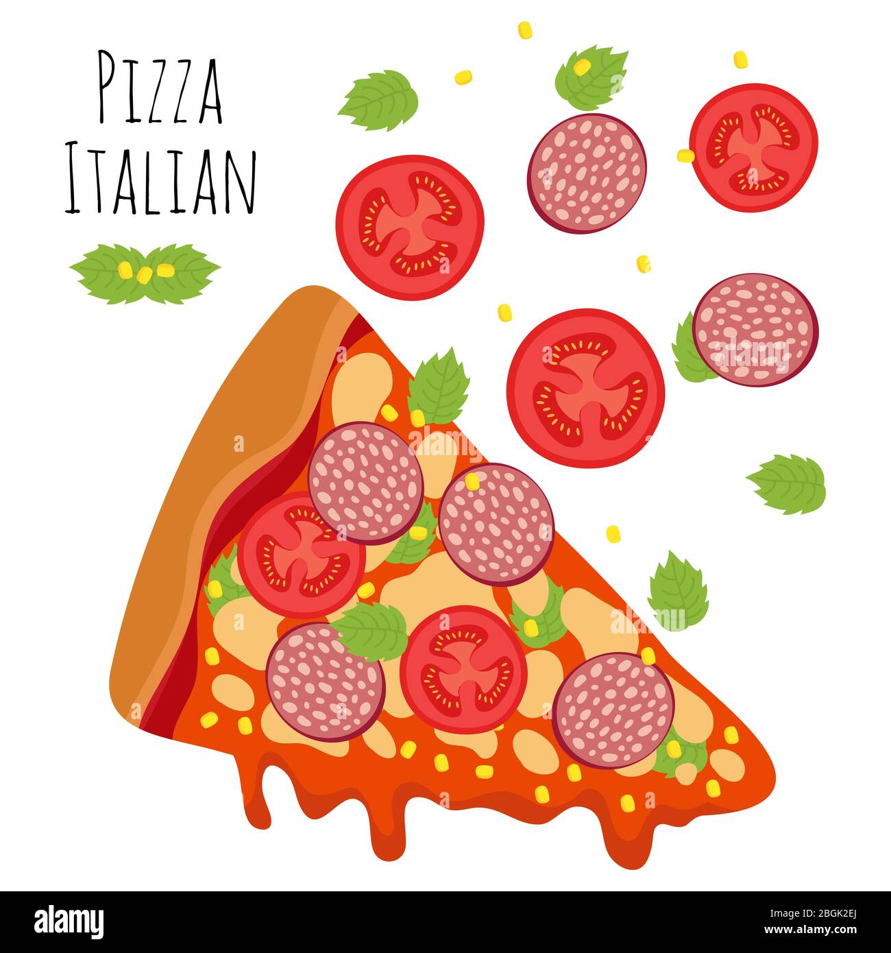 Pizza italiana con salsiccia, pomodoro, formaggio illustrazione vettoriale. Fetta di pizza con formaggio e salame Illustrazione Vettoriale