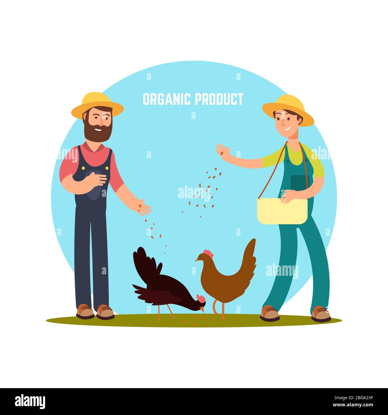 Due coltivatori alimentano animali. Cartoon personaggio raccolto illustrazione vettoriale isolato su sfondo bianco Illustrazione Vettoriale