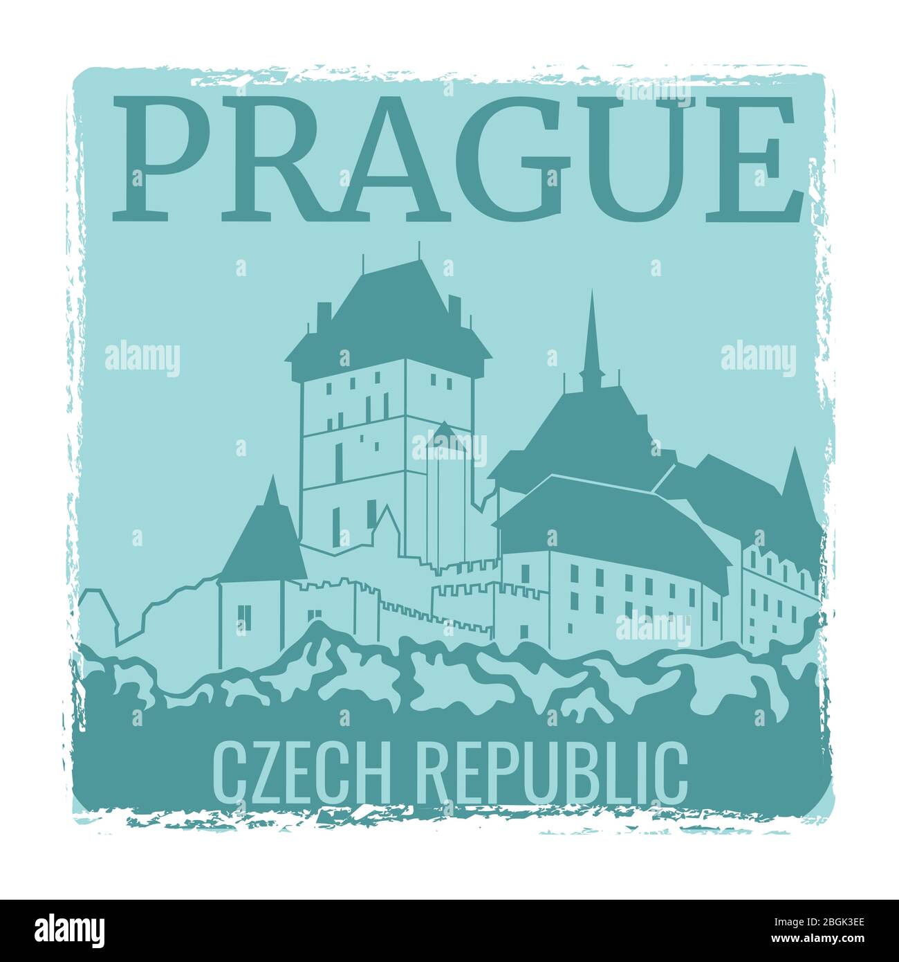 Praga poster di viaggio con design vettoriale con silhouette castello. Praga punto di riferimento, turismo europa, architettura città ceca illustrazione Illustrazione Vettoriale