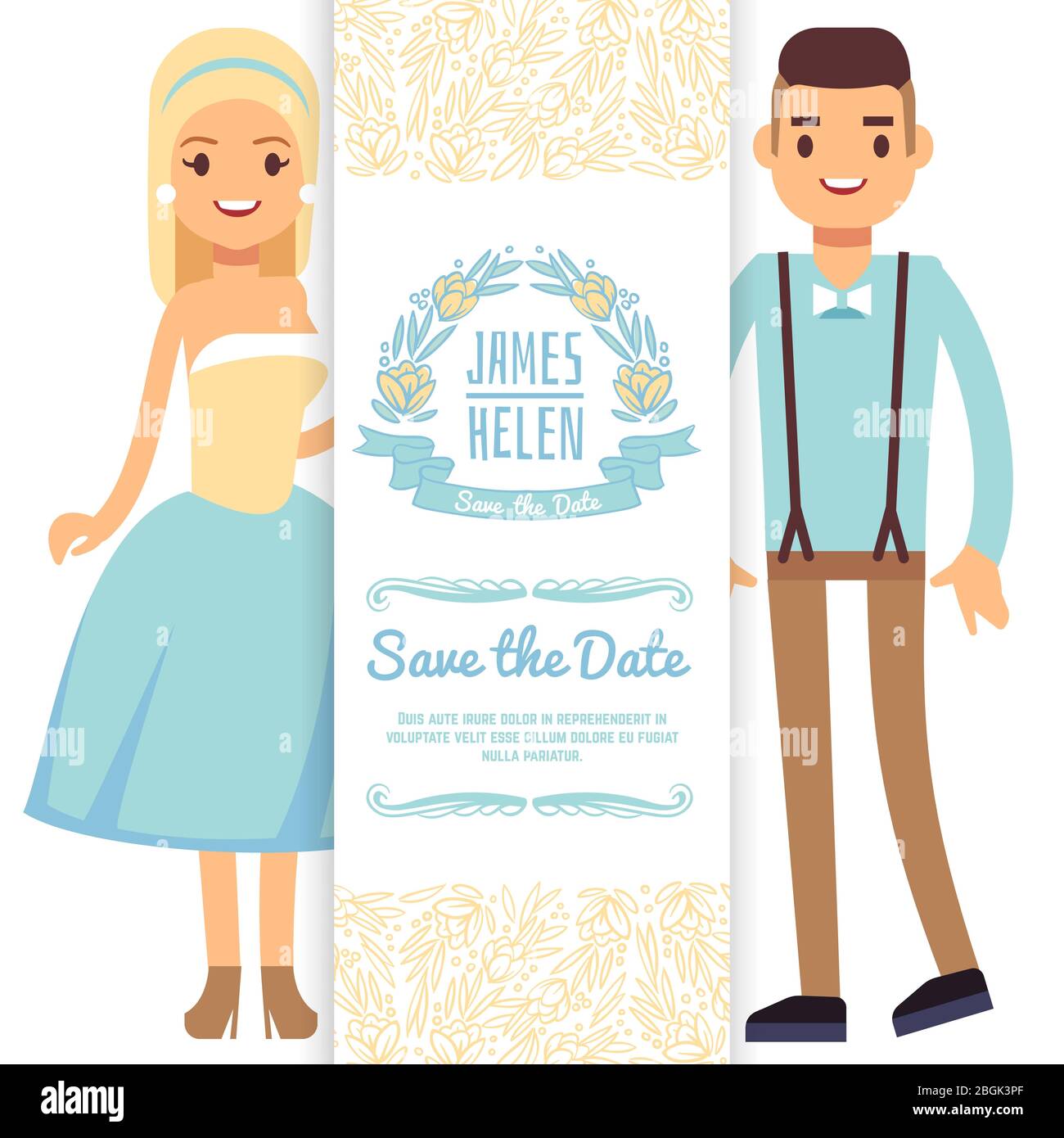Cartoon personaggio sposa e sposo isolato su sfondo bianco. Poster per banner di matrimonio vettoriale o modello di volantino Illustrazione Vettoriale